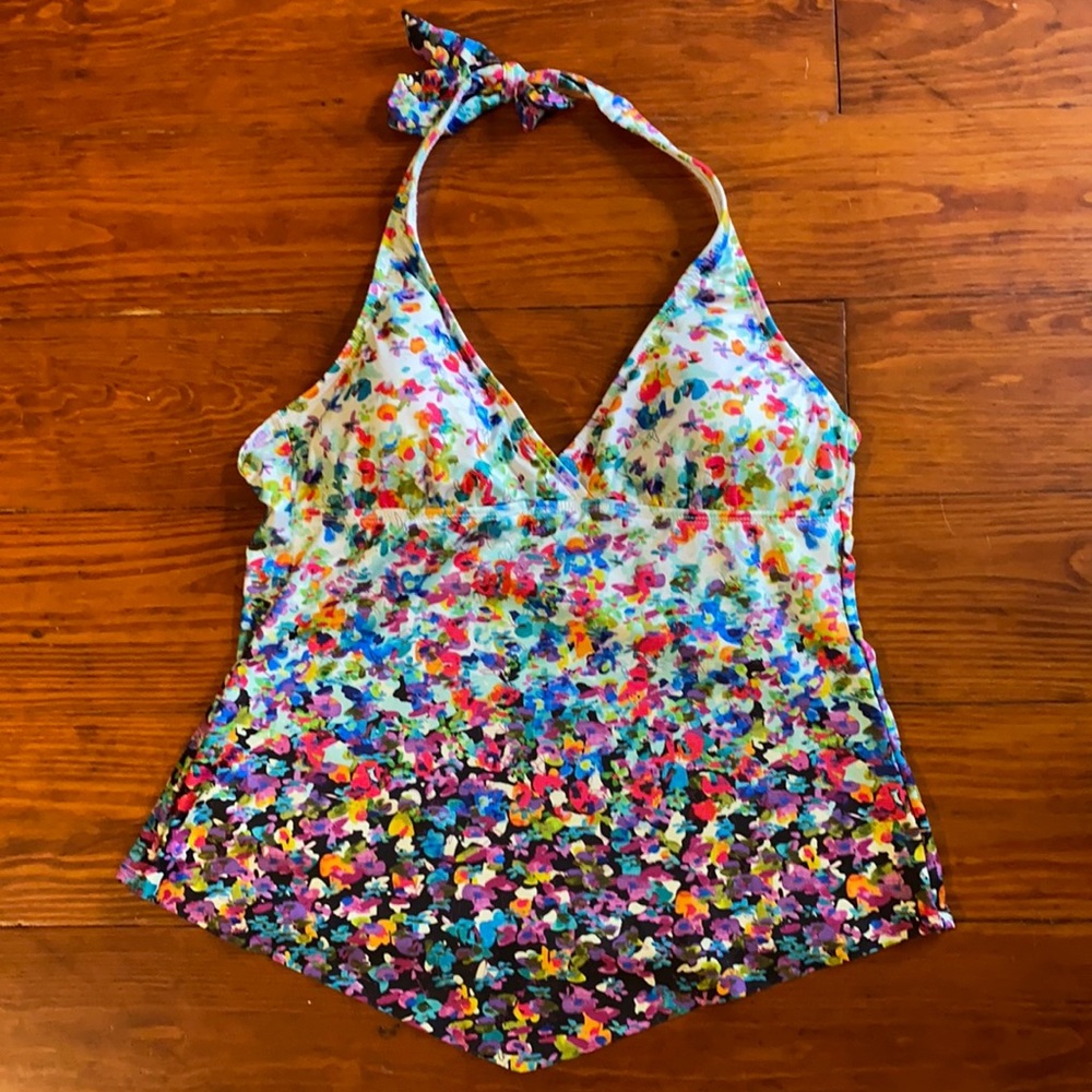Tankini top bright floral Monet like print EUC